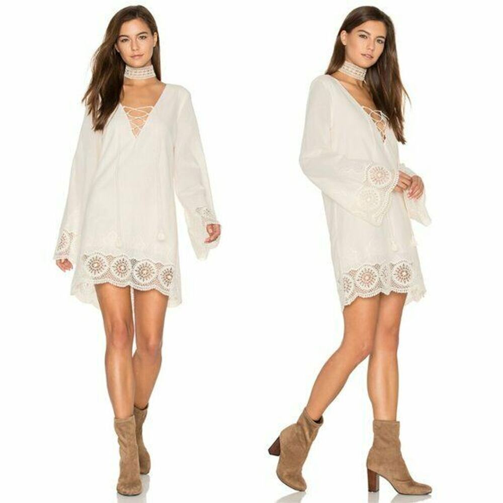 The Jet Set Diaries Tunic Dress Crochet Lace Up Mini Long Sleeve 8 Boho Festival